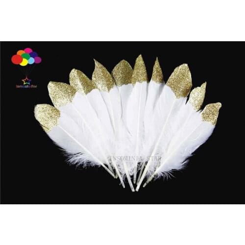 100pcs 100% natural Dyed goose feather 15-25cm/6-10inch Beautiful white and Gold Glitter for Diy costume mask headdress