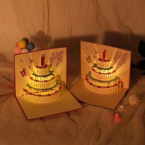 30Pcs Happy Birthday Cake 3D Stereo Card With Music And Light Blessing Creative Postcards Gifts With Envelope Blessing