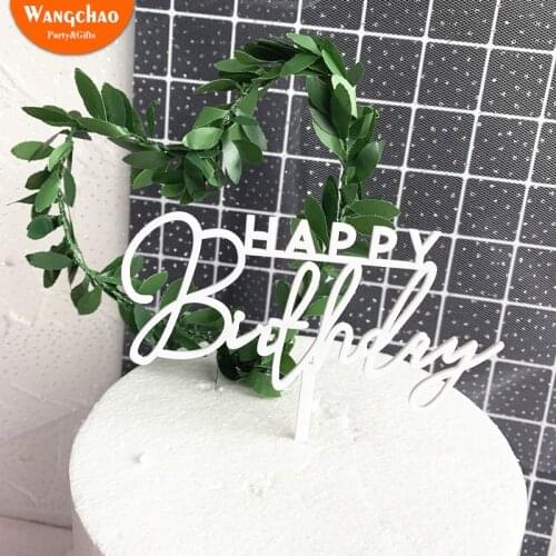 Acrylic Happy Birthday Cake Topper Green Leaves Heart Shape Cake Decoration Rustic Romantic Girl Party Supplies Accessories