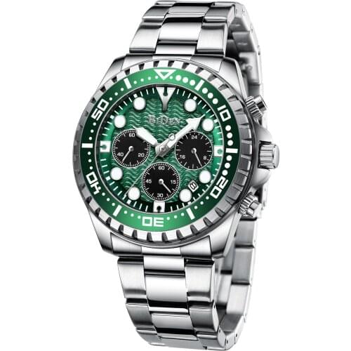 BIDEN Green Silver Chronograph Quartz Watch Mens Fashion Casual Watch Luminous 30m Waterproof Stainless Steel Sports Date Clock