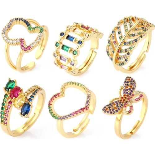 Boho Butterfly Chunky Rings for Women Micro Pave Colorful Zirconia Gold Bohemian Heart Gothic Aesthetic Adjust Open Ring Mens