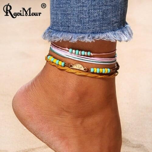 RAVIMOUR Handmade Cotton Vintage Lemon Ankle Bracelet Cheville Bohemian Bead Rope Anklet for Women Halhal Jewelry Beach Gifts