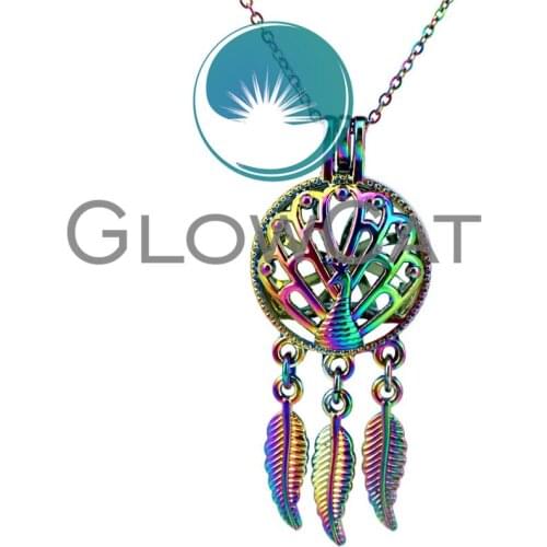CC728 Rainbow Colors Dreamcatcher Peacock Ribbon Beads Cage Pendant Essential Oil Diffuser Pearl Cage Locket Necklace