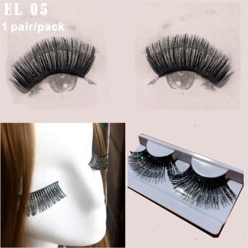 EL05 1 Pair/Set Black with Filamentary Silver Body Art Long Exaggerated False Eyelashes Fashion Dance Makeup