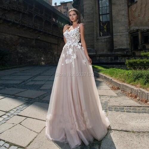 Elegant 3D Flowers Wedding Dresses 2021 Pink Deep V Neck Sleeveless Boho Wedding Gowns Vestido De Novia Train Bride Dress