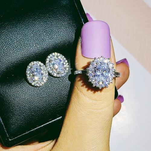 925 Sterling Silver Jewelry set halo Engagement ring round stud earring for Wedding Valentines Day gift Valentines Day J4944