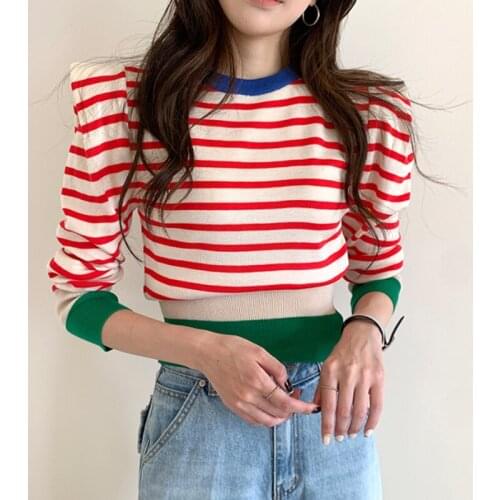 Korea Chic Age-Reducing Wild Round Neck Pullover Hit Color Stripes Thin High Waist Short Puff Sleeve Knitted Sweater Women