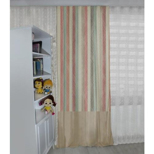 Krem rengi çocuk odası perdesi renkli şeritli çocuk perdesi