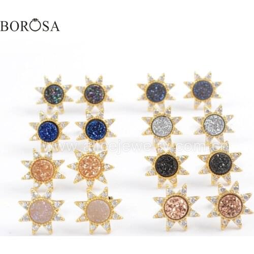 BOROSA Wholesale Gold Plated CZ Micro Paved 7mm Round Studs 5Pairs Rainbow Natural Agates Druzy Stud Earrings Girls Gifts ZG0383