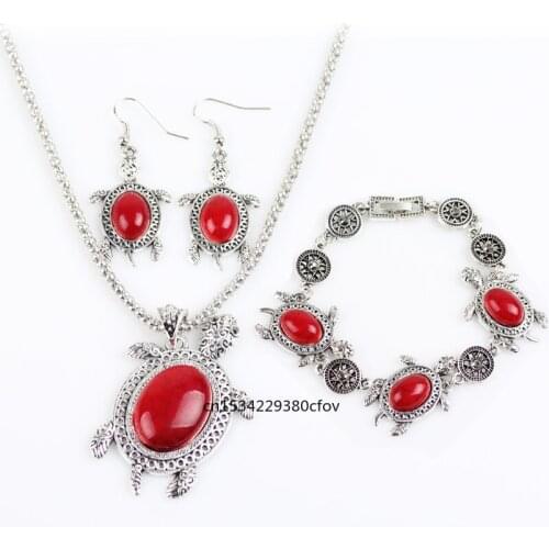 A Set Retro Turquoise tortoise Jewelry Sets Pendant Earring Bracelet Necklace Fashion Handmade Amulet Gifts Her Woman