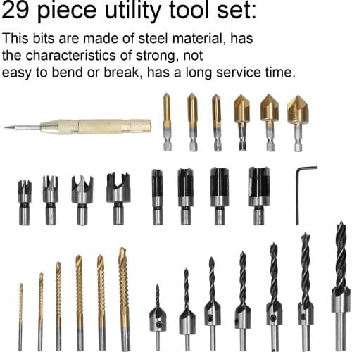 29PCS Woodworking DIY Bits Set Chamfer Drilling Tool Round Shank Countersink Drill Bit Wood Plug Cutters Round Shank Countersink
