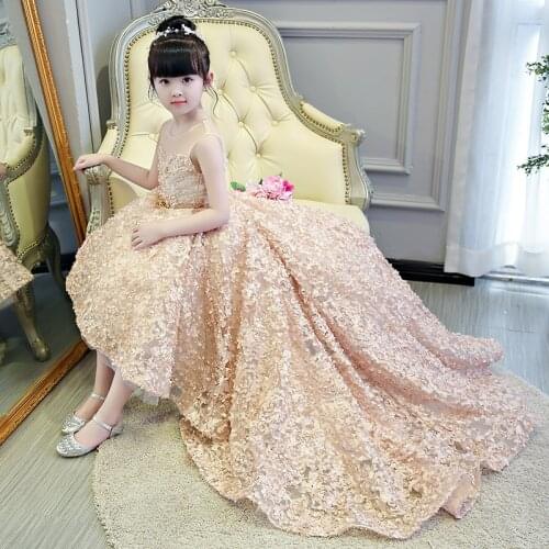 Flower Girl Dress Wedding Princess Floral Lace Long Trailing Girls Party Communion Dress Kids Birthday Clothing Custom Made