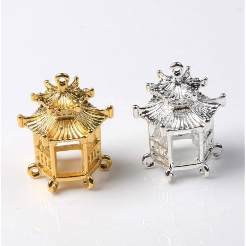5PCS 24.5*30mm Fashion Metal Alloy Gold/Silver color Small Pavilion Pendant Connectors Charm For Jewelry Making
