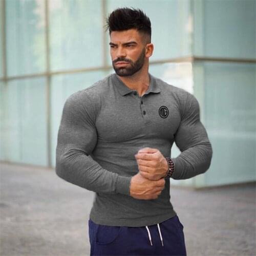 Muscle Man Spring Fashion Long Sleeve Polo Shirts Men Gym Fitness Slim Turn Collar Shirt Stretch Cotton Bodybuilding Poloshirt