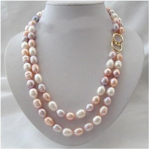 Super Genuine Pearl Jewellery,2 Rows 10-13mm Big Size Rice White Pink Color Freshwater Cultured Pearl Necklace,New Free Shipping