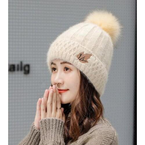 Womens Knit Beanie Hat with Faux Fur Pompom Winter Soft Warm Ski Cap