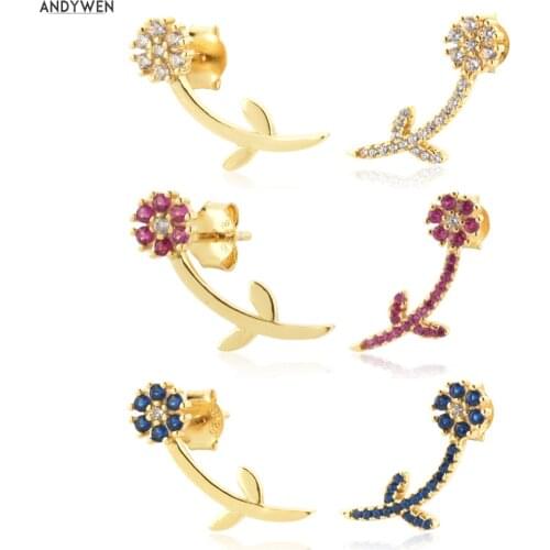ANDYWEN 925 Sterling Silver Gold Flower Zircon CZ Stud Earring Piercing Clear Rose Red Blue Pendientes Women Fine Jewelry Clips