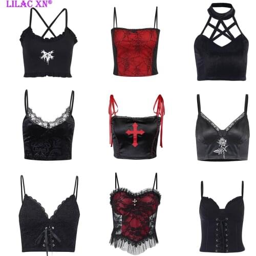 Goth Cross Print Lace Bodycon Crop Tops Camis Sexy Y2K Black Red Ribbon Bowknot Corset Tank Top Summer Clothes for Women Girls