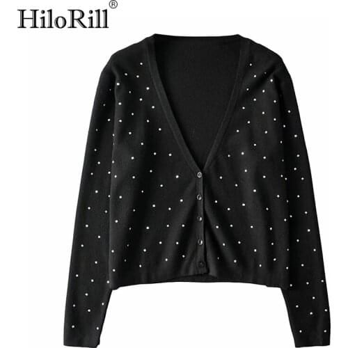 HiloRill Chic Rivet Black Sweater Women V Neck Fashion Cardigans Sweaters Long Sleeve Knit Jumper Tops Autumn Outerwear 2021