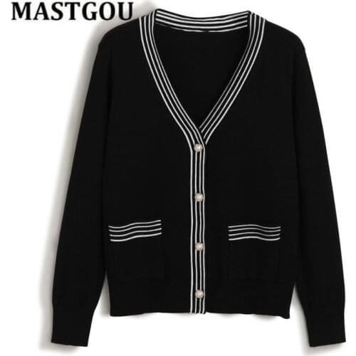 MASTGOU Oversized Spring Autumn Cardigan For Women V Neck Sweater Big Pocket Soft Woman Knitted Coat Vintage Striped Jumper Tops