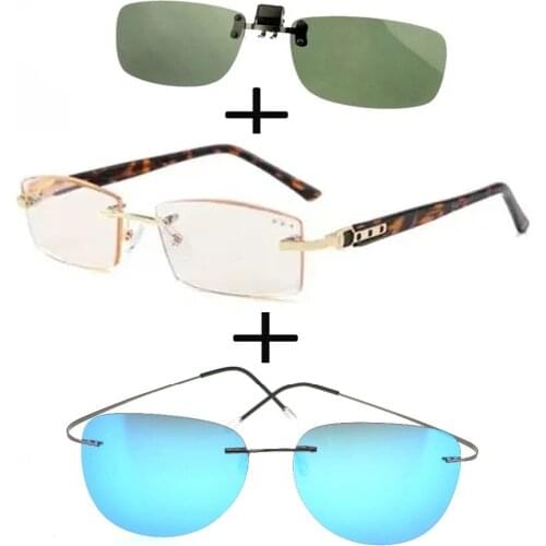 3Pcs!!! Titanium Gentleman Diamond Cut Reading Glasses Men Women + Alloy Polarized Sunglasses High Quality + Sunglasses Clip