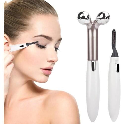 2 In 1 Electric Heated Eyelash Curler Face Massager Roller Long Lasting Portable Eye Lashes Curling Tool Enhancer Pen