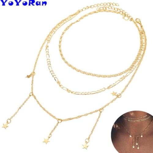 3Piece 3 layers chain tassel star pendant necklaces for woman gold multi layer short chain choker necklace jewelry gift