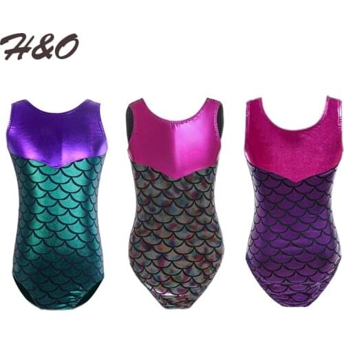 Kids Sleeveless Mermaid Scale Printed Splice Ballet Dancewear Leotard Girls Gymnastics Leotard Ballerina Party Gym Bodysuit