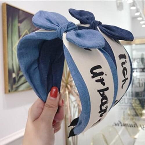 Women Letters Bowknot Headband Wide Print Rabbit Ear Headband Hairband Denim Adults Korean Style Hair Accessories Bow Headband