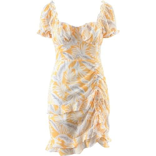 Elegant Short Sleeve Ruffles Chiffon Dress Women Yellow Floral Printed Mini Summer Dress 2021 Casual Vestido De Mujer