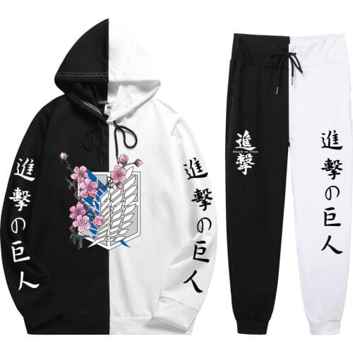 Japan New Unisex 2 Pieces Sets Anime Harajuku Brand Attack on Titan Print Patchwork Thin Hoodie+Patchwork Pants Summer