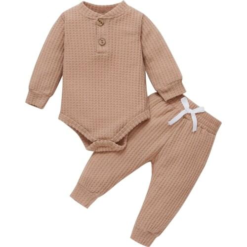 New Baby Girls Two-piece Clothes Set, Solid Color Round Collar Romper and Elastic Waist Pants