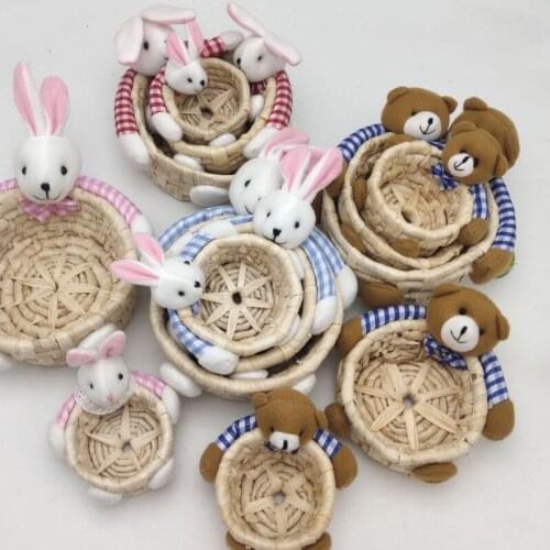 Handmade Home Decoration Crafts Ornaments Three-piece Straw Woven Ratten Storage Basket Easter Bunny Bear Egg Fruit Basket