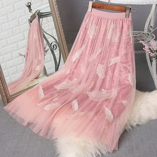 Sweet Embroidered Feather Layered Tulle A-line Long Summer Skirts Fashion Leaves Planets Mesh Velvet Pearl Long Pleated Skirts