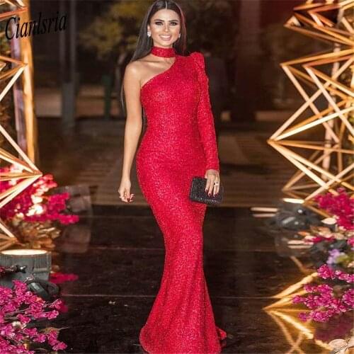 Red Long Sleeve Sequined Mermaid Evening Dress High Neck One Shoulder Dubai Saudi Arabia Formal Evening Party Dresses