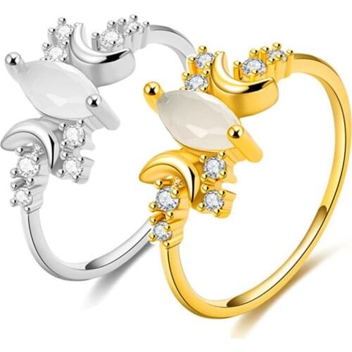 Milangirl Fashion White Fire Opal Moon Rhinestone Crystal Zircon Crescent Ring for Women Moonstone Engagement Wedding Jewelry