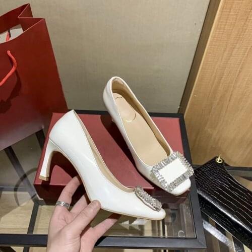 2021 summer new style fashion women pumps white patent leather crystal buckle high heels shoes bride wedding shoes
