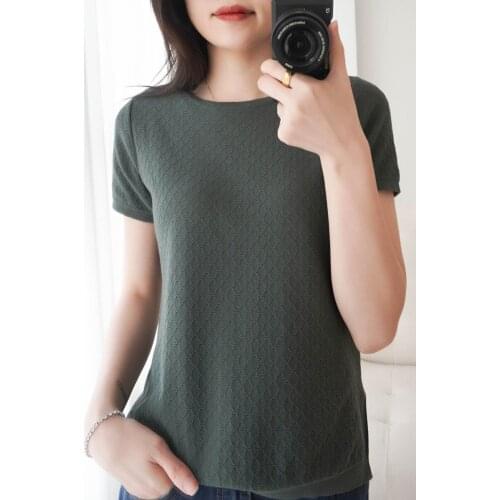 Summer new round neck wild cotton knitted short-sleeved womens T-shirt loose large size pullover cotton top half sleeve