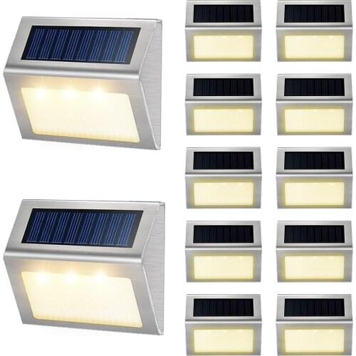 New Outdoor Stainless Steel Led Solar Path Stair Light Waterproof 3 LED Solar Deck Lights Balcony Garden Yard Fence Solar Lights