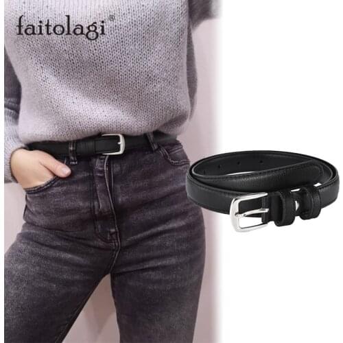 Fashion Antique Black Female Belt with Metal Buckle Faux Leather Woman Belt for Jeans Wild Thin Ladies Dress Waist Belt