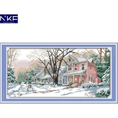 NKF Christmas Cross Stitch Patterns DIY Embroidery Needlework Winter Street Scene Cross Stitch Patterns for Home Decoration