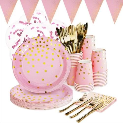 Pink Gold Dot Baby Girl Party Disposable Tableware paper Cup Plate 1st Birthday Party Decor Kids Baby Shower Party Supplies
