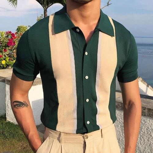 Business Casual Mens Short Sleeve Slim Shirts Summer Fashion Patchwork Buttoned Knit Tops Turn-down Collar Shirt Men Streetwear