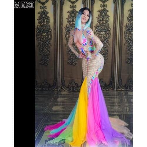 Sexy colorful lace mesh print stretch rainbow dress birthday party nightclub bar concert DJ singer/dancer costume