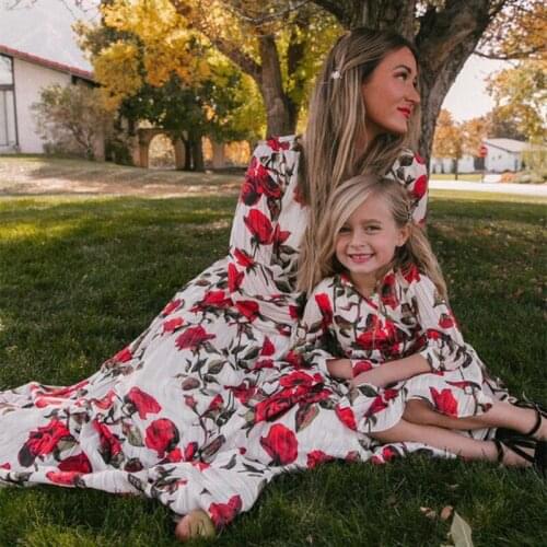 Family Matching Clothes Family Look Outfits Mother Daughter Dress Long-Sleeved Mommy And Me Printing Kids Dresses For Girls