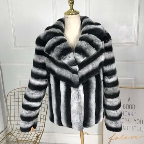 New Real Chinchilla Rex Rabbit Fur Coat turndown collar Fashion new rabbit fur coat Casual rex rabblt fur coat 60 cm Striped O