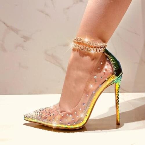 Transparent PVC Rivets Pumps Iridescent Snakeskin Stiletto Heels Dress Shoes Pointed Toe Shallow Banquet Patchwork Shoes