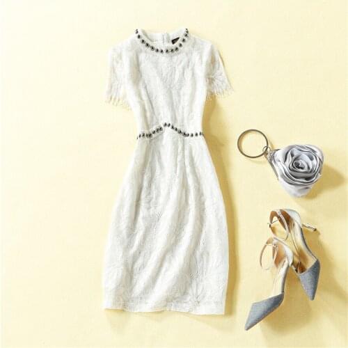 American European womens and clothing 2021 summer new style Short sleeve nail bead Fashionable lace white dress