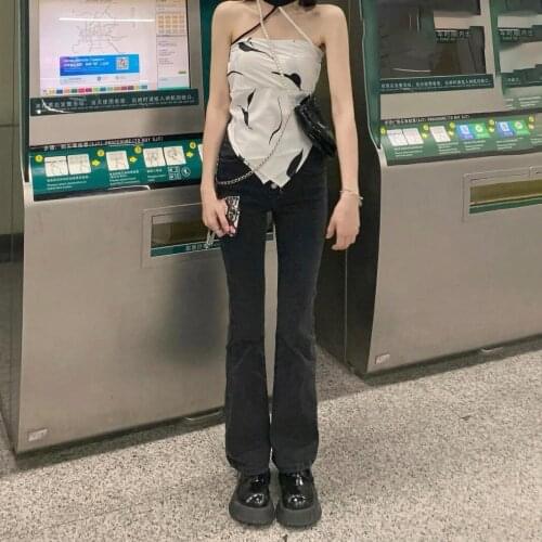 Women Black High Waist Slim Micro Flare Jeans Streetwear Slim Boot Cut Denim Pants Ladies Casual Long Denim Trousers