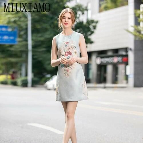 MIUXIMAO Luxurious 2020 Spring & Summer dress Party dress 3D Flower Diamonds Slim Tank Blue Office Lady Dress Women Vestidos